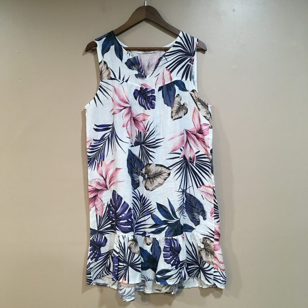 Lungo L'Arno 100% Linen Tropical Shift Dress Women L White Floral Coastal Resort